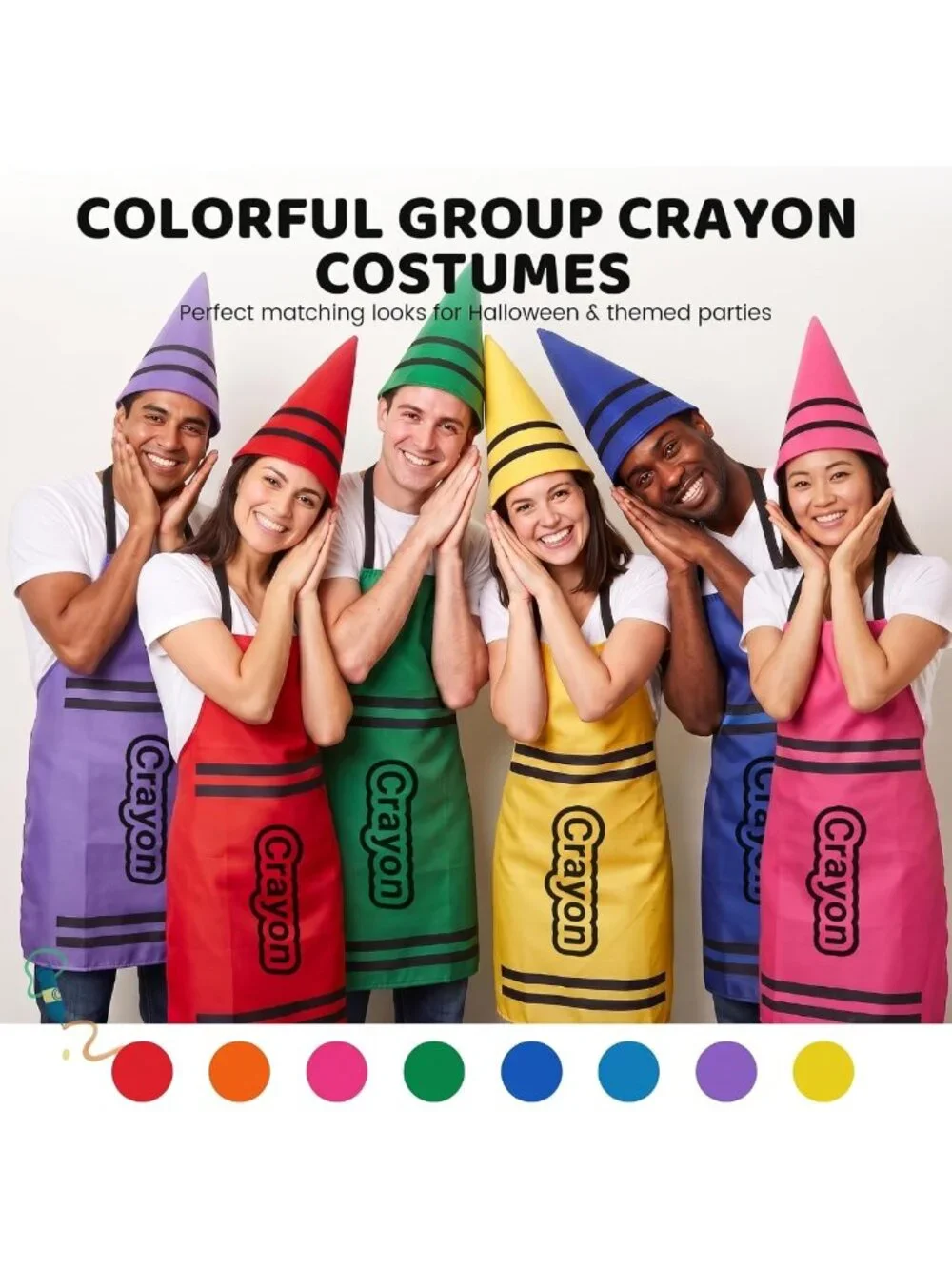 Colorful Adult Crayon Costume with Apron & Gnome Cone Hats - Fun Halloween Group